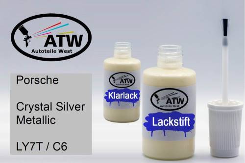 Porsche, Crystal Silver Metallic, LY7T / C6: 20ml Lackstift + 20ml Klarlack - Set, von ATW Autoteile West.